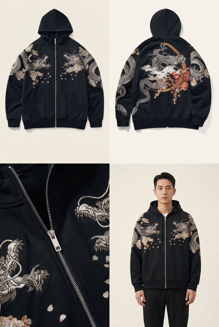 Kyoto Jacket front, back, embroidery detail and lifestyle concept board