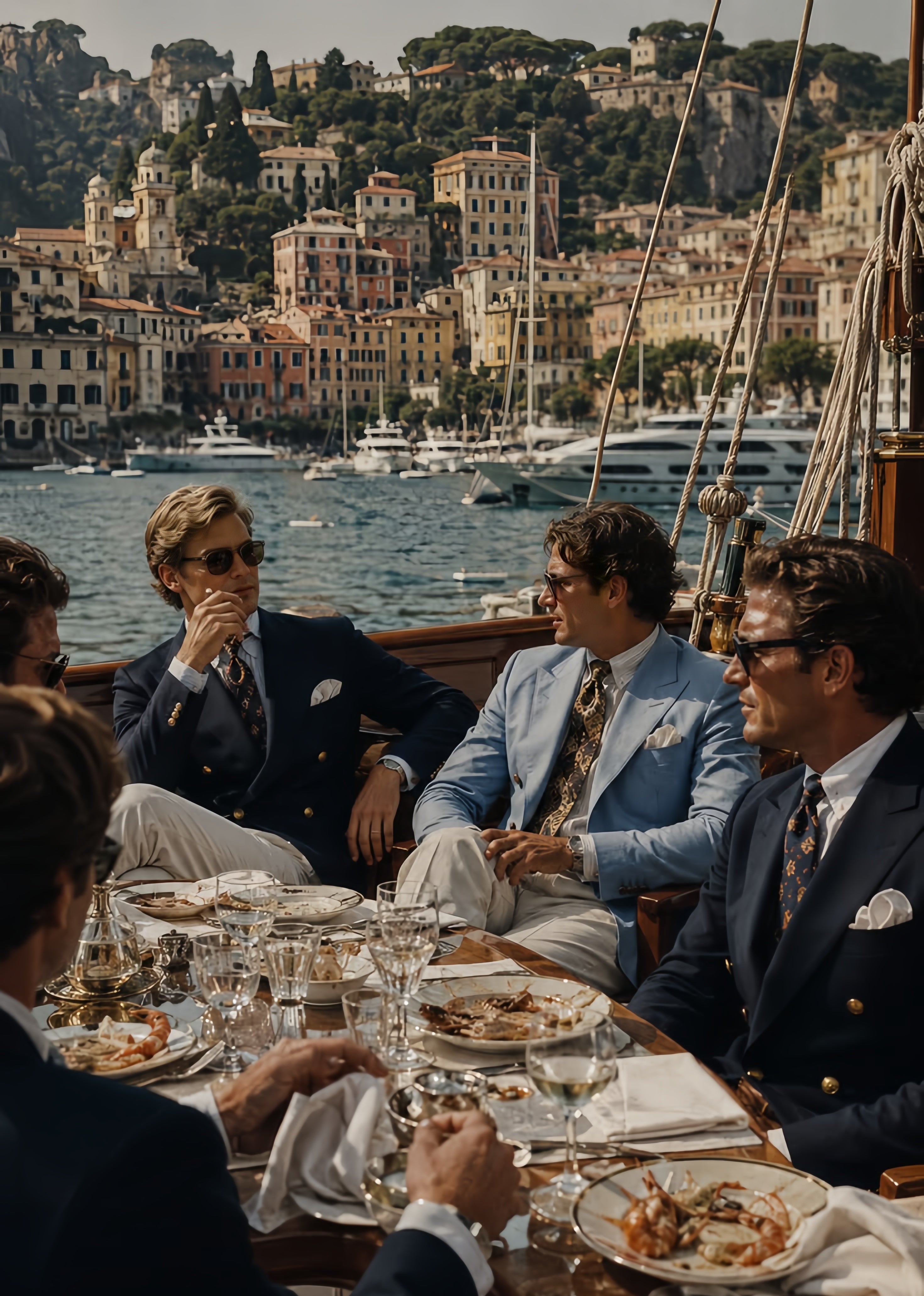 A group of men in tailored suits and sunglasses sit on a boat deck dining at sea, with a coastal town and harbor in the background.